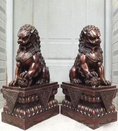 Collectible 18 China Pure Bronze Copper Tutelary Door Guardian Fu Foo Dog Lion statues Pair 235i9648884