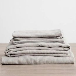 Bedding sets 3PCS 100% Washed Linen Sheet Set Natural Flax Bed Sheets 2 Pillowcases Breatherable Soft Farmhouse Bedding Bedsheet Flat Sheet 231208