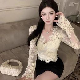 Women's T Shirts Spicy Girl Sexy Versatile Short Lace T-shirt Women Tops Autumn Korean Fashion V-neck Slim Fit Underlay Shirt Clothing