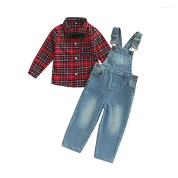 Clothing Sets Fashion Kid Boy Outfits Lapel Long Sleeve Plaid Shirts Tops With Denim Overalls Suspender Pants