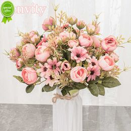 New Silk Rose Pink Artificial Flowers Bouquet High Quality Plastic Accessories Home Living Room Wedding Table Decoration Fake Flower