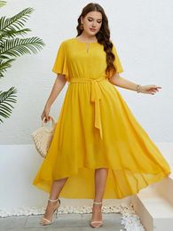 Plus Size Dresses Women Solid Colour Cut Out V-Neck Dress A-Line Short Butterfly Sleeve Party Robe Casual Lady Vacation Large Belt Gown