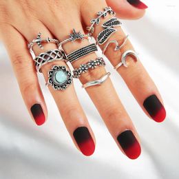 Cluster Rings Female Bohemian Vintage Moon Leaf Ring Set 11pcs/set Women Charm Joint Fashion Jewelry Gift