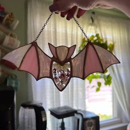 Decorative Objects Figurines Halloween Bat Stained Glass Suncatcher Window Hanging Acrylic Wall Art Decoration Ghostss Festival Colorful Home 230422