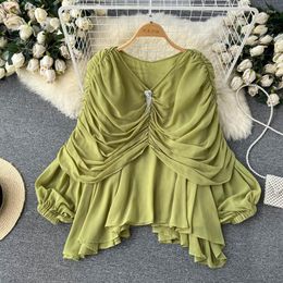 Women's Blouses Spring Summer Holiday Style First Love Sweet Top Design Pleated V-neck Irregular Shirt Blusa Feminina