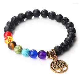 Strand 7 Chakra Natural Stone Bracelets Women Healing Reiki Tiger Eye Black Lava Beads Tree Of Life Charm Bracelet For Men Yoga Jewellery