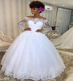 Elegant South African White Wedding Dress Princess Illusion Long Sleeve Lace Country Bride Dress Modern Ball Gown Fall Bridal Gown Vestios De Novia Robe Mariage 2024