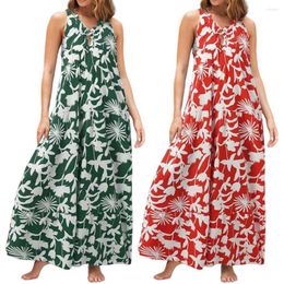 Casual Dresses Women Dress V Neck Loose Type Contrast Color Flower Print Sleeveless Beach Female Clothes Summer Lady Overall Playsuits