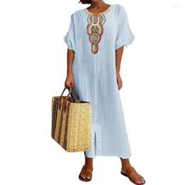 Casual Dresses Vintage Women Maxi Dress Bohemian Embroidered V Neck Short Sleeves Embroidery Split Ankle Length