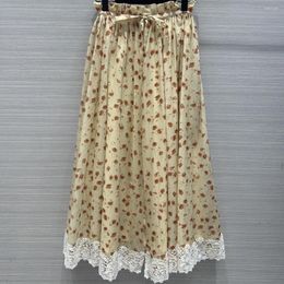 Skirts Skirt Women Spring Summer Cotton Floral Printing Lace A-Line Pleated Long Dress Prairie Chic Sweet Loose Fit Female Clothes