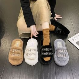 Slippers Winter Fur Slippers Autumn Gothic Belt Buckle Platform Slides Flat Heel Plush Warm Home Slippers Soft Rabbit Hair Slippers 231123