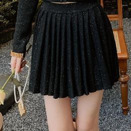 Skirts Black Knitted Sequin Lapel Cardigan Top Jacket High Waist Pleated Skirt Fashionable