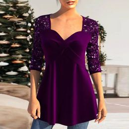 Women's Blouses Autumn Spring Tops Shiny Sequin Low Cut V Neck Bodycon Waist Patchwork Solid Colour Long Sleeve Crossover Shirt