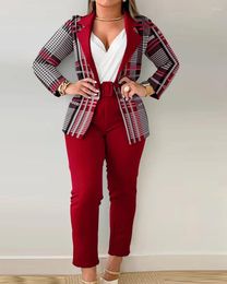 Women's Two Piece Pants Women Elegant Sets Buttoned Blazer Coat & Baroque Print Belted 2 Set 2023 Spring Autumn Y2k Fashion Female Outifits