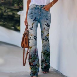 Jeans da donna Primavera Donna Taglie forti Multicolor Boho Ricamo floreale Lungo Flare SXXXXL Highstreet Wide Leg Bellbottom Denim Pants 230422