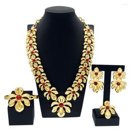 Necklace Earrings Set Luxury Flower Shape Gold Plated Women Long Nigeria Party Ring Accessories Gifts