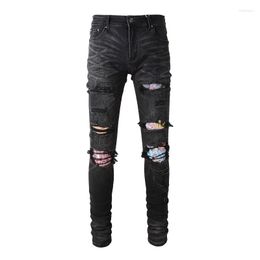 Men's Jeans Arrival Men's Black Distressed Slim Streetwear Damage Holes Skinny High Stretch Destroyed Rhinestones Patchwork Ripped