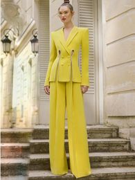 Women's Two Piece Pants Yellow Set 2024 Designer Blazer With Diamond Striped Split Suit Jacket Straight Trouser Outfits Women