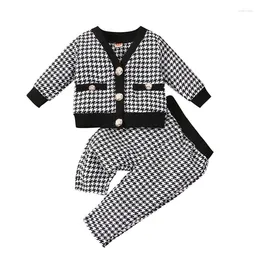 Clothing Sets Elegant Kids Baby Girl Clothes Vintage Spring Fall Houndstooth Pattern Suits Long Sleeve V Neck Buttoned Tops Pants 0-4Y