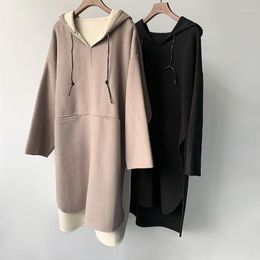 Casual Dresses 2023 Autumn And Winter Hooded Woollen Coat Dress Two Sided Colour Matching Double Women