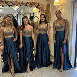 Spaghetti Straps Gold& Blue Stylish Bridesmaid Dresses Chiffon Side Split Simple Style Plus Size prom Evening gowns Wedding Guest's Dress b142