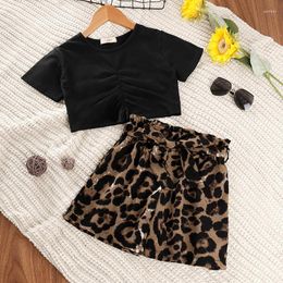 Clothing Sets Girl Short-sleeved Top And Leopard Print Shorts Twopiece Suit Baby Clothes Kids Boutique Wholesale Toddler