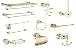 Bath Accessory Set Polished Gold Bathroom Accessories White Crystal Decoration Hardware Solid Brass Double Towel Ring HolderBath1641544