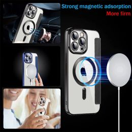 Magnetic Flip Leather Phone Case For iPhone 14 Pro Max 15 Plus 13 12 11 ProMax Magsafe Wireless Charging Plating Clear Card Slot Holder Cover