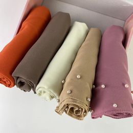 Ethnic Clothing Trendy Bubble Chiffon Pearl Scarf With Box Women Plain Hijab Wrap Solid Colour Shawls Headband Islam Turban Femme Foulard