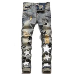 QNPQYX New Men's JEANS Designer Ripped Jeans Hip-hop High Street Fashion Fashion Cycling Motorcycle Embroidery Close-fitting Slim Pencil Pants European and American