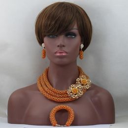 Necklace Earrings Set Champagne/Orange Handmade Crystal Necklaces Bracelet African Nigerian Party Beads Jewellery ALJ935
