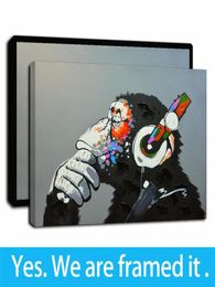 Framed Artwork Gallery Art Canvas Animal Music Gorilla Oil Paintings Thinking Monkey with Headphones HD Print on Canvas Wall Art1169816