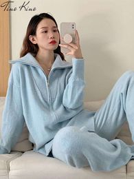 Knit Cardigan Suit Women Autumn Turndown Collar Zipper Sweater Wide Leg Pants Piece Set Gentle Solid Casual Lady Sets