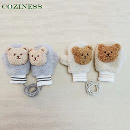 Children's Fingerless Gloves Baby Gloves Embroidery Bear Plus Velvet Soft Comfortable Warm Lanyard Neck Prevent Loss Not Machine Washable Winter Kids Gloves 231123