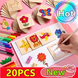 New Hot 20pcs Montessori Kids Drawing Toys Wooden DIY Painting Stencils Template Craft Toys Puzzle Educational Toys Children Gifts
