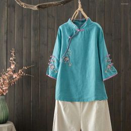 Ethnic Clothing Summer Chinese Elegant Embroidered Cheongsam Tops Women's Cotton Linen Single-breasted Casual Chinoiserie Tang Suit Top