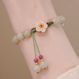 Strand Peach Flower Jade Bracelets For Women Girls Chinese Fashion Ancient Red Agate Beads Charm Bracelet Woven Hand Rope Jewellery Gift