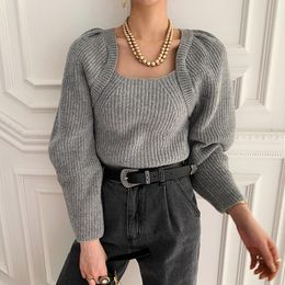 Women's Sweaters Casual Square Collar Loose Soft Sweater Winter 2023 Women Minimalist Pure Color Long-sleeved Pullover Grey Warm Knitted Swe