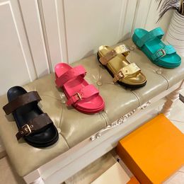 Designer Women Slippers Flat Comfort Mule BOM DIA Embossed Metallic Calf Leather Sandals Buckle Flats Heel Slides