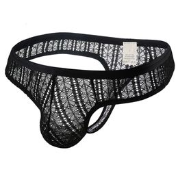 Men's Sexy Thong See Through Transparent Lace Underwear Breathable Mesh Panties Hombre T Back Floral Crossdress