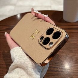 Cell Phone Cases Luxury Lambskin Leather Plating Case For iPhone 14 13 12 11 Pro Max Personalised Customised Name Initial Letters Cover 14 Pro J230421