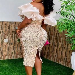 Plus size Dresses African for Women Summer Elegent Sequin Solid Colour Knee length Dress Clothes 231122