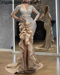 wangcai01Runway Dresses Plus Size Gold Sequins Mermaid Prom Dresses Egant Long Seves Evening Gowns Off Shoulder Women Cheap High Split Formal Dress 2023