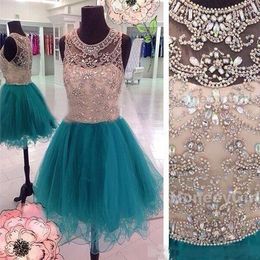 Party Dresses Luxury Crystal Short Cocktail Illusion Sheer Tank Top Tulle A Line Mini Homecoming Vestidos Gowns For Girls