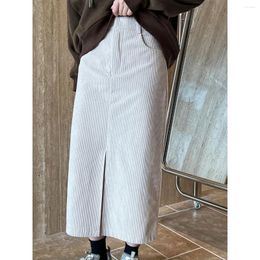 Skirts High Waist Corduroy Midi Skirt Slit Hems Autumn/Winter Korean Straight Long