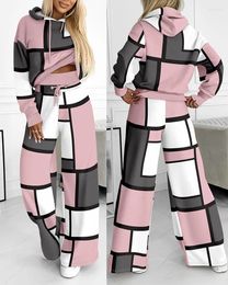 Women's Two Piece Pants Hoodie & Wide Leg Pant Set Women Geometric Print Plaid Sets Hooded Sweatshirts Trousers Autumn 2023