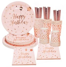 Other Event Party Supplies Happy Birthday Decorations Rose Gold dot Disposable Tableware Paper Plates Cup baby shower Girl Kids Adult Decor 230422