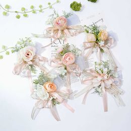 Other Fashion Accessories Pink Floral Wrist Corsage Bracelets Ribbon Rose Bridesmaid Groom Hand Flowers Wedding Boutonnieres Marriage Prom Accessori J230422
