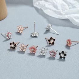 Stud Earrings 925 Sterling Silver Drop Glue Flower Ear Studs For Women Small Fresh Five Petal Bone Fashion