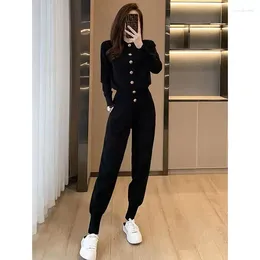 Women's Two Piece Pants 2023 Female Fashion Round Neck Solid Colour Ice Silk Knit Wide Leg Set For Women Ladies Knitted Pant Suits